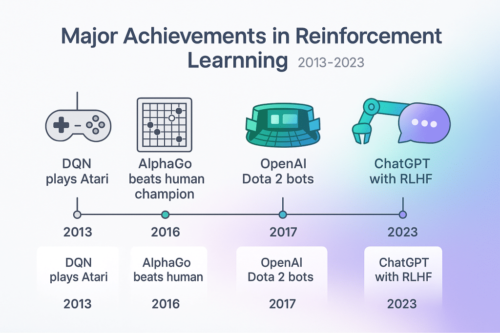 Timeline showing major reinforcement learning milestones from Atari games to modern AI systems