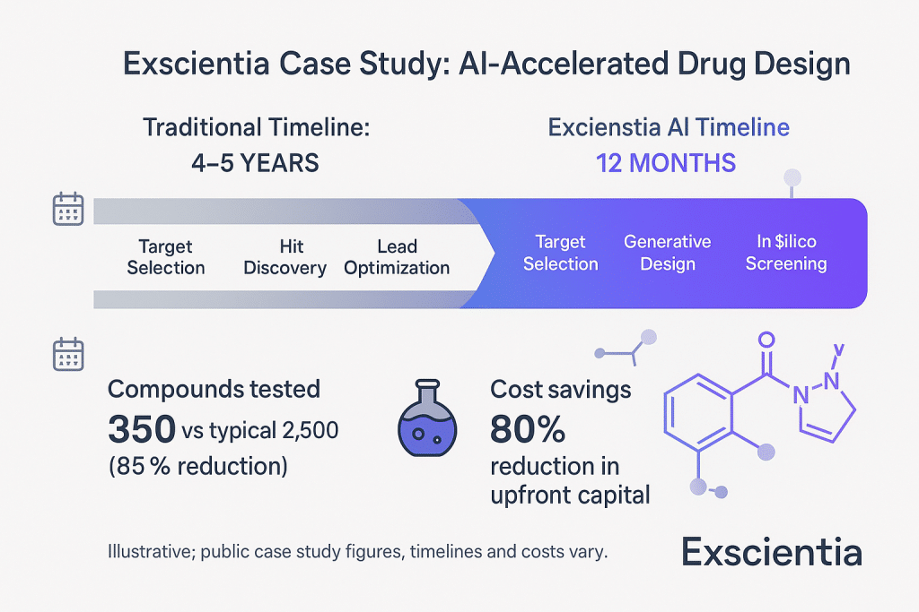 Traditional Timeline: 4-5 YEARS vs Exscientia AI Timeline: 12 MONTHS - AI Drug Discovery - aihika.com