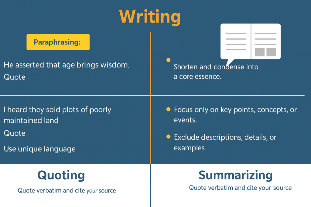 Visual comparison of different writing techniques including paraphrasing quoting and.png