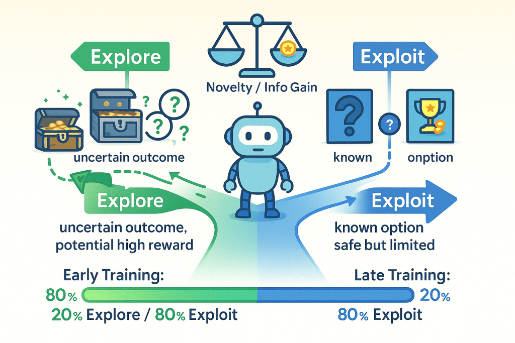 Visual representation of exploration versus exploitation dilemma in reinforcement learning - aihika.com