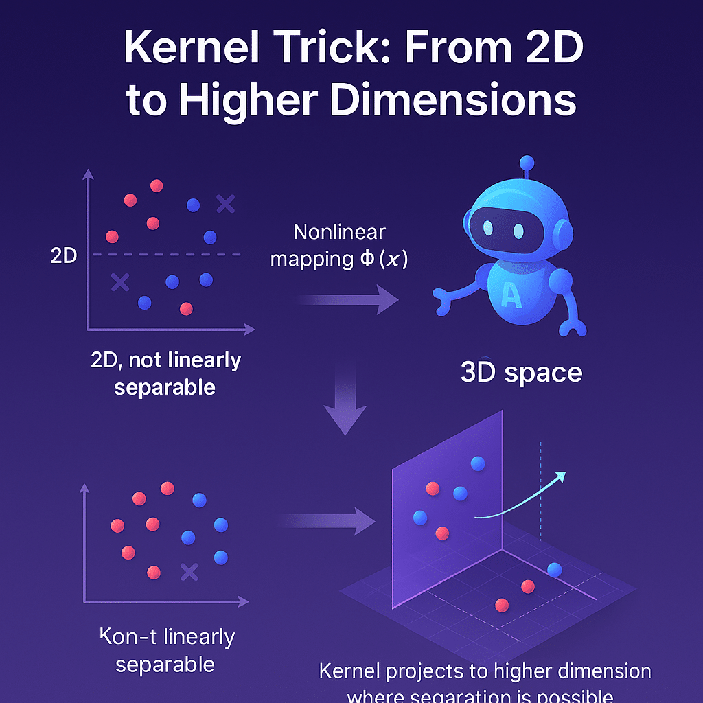 Visualization of kernel trick transforming non-separable 2D data into separable 3D space - Support Vector Machine - aihika.com