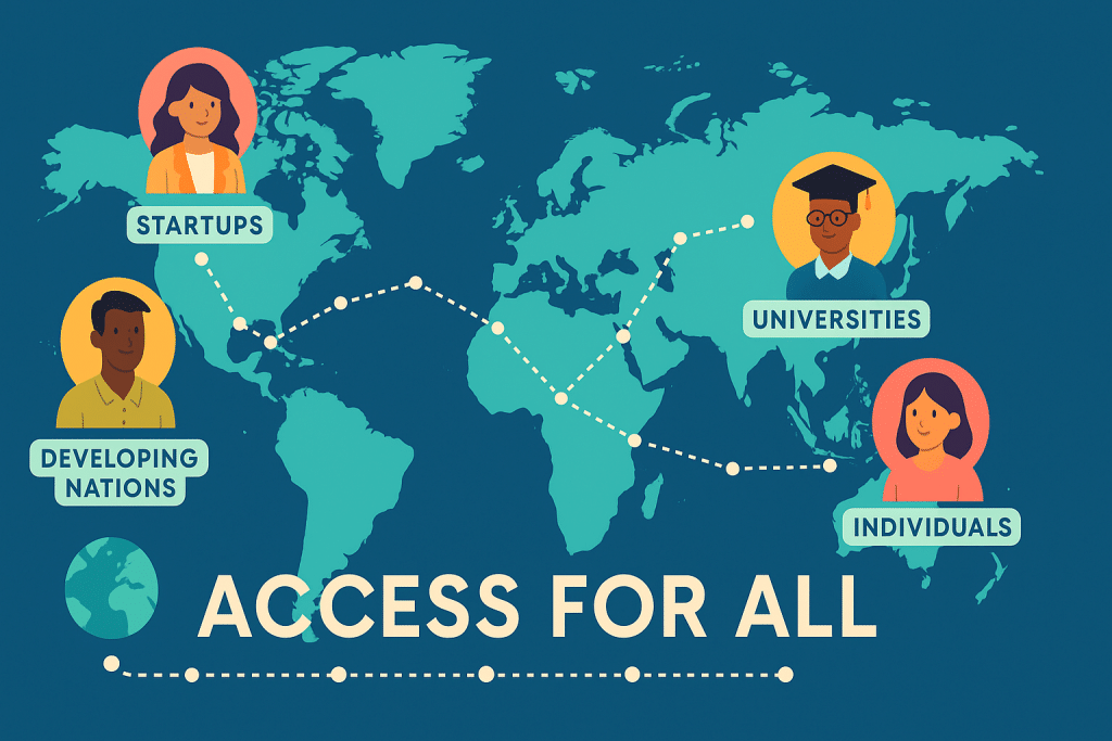 World map illustration showing diverse users (startups, universities, individuals, developing nations) all accessing SLM technology