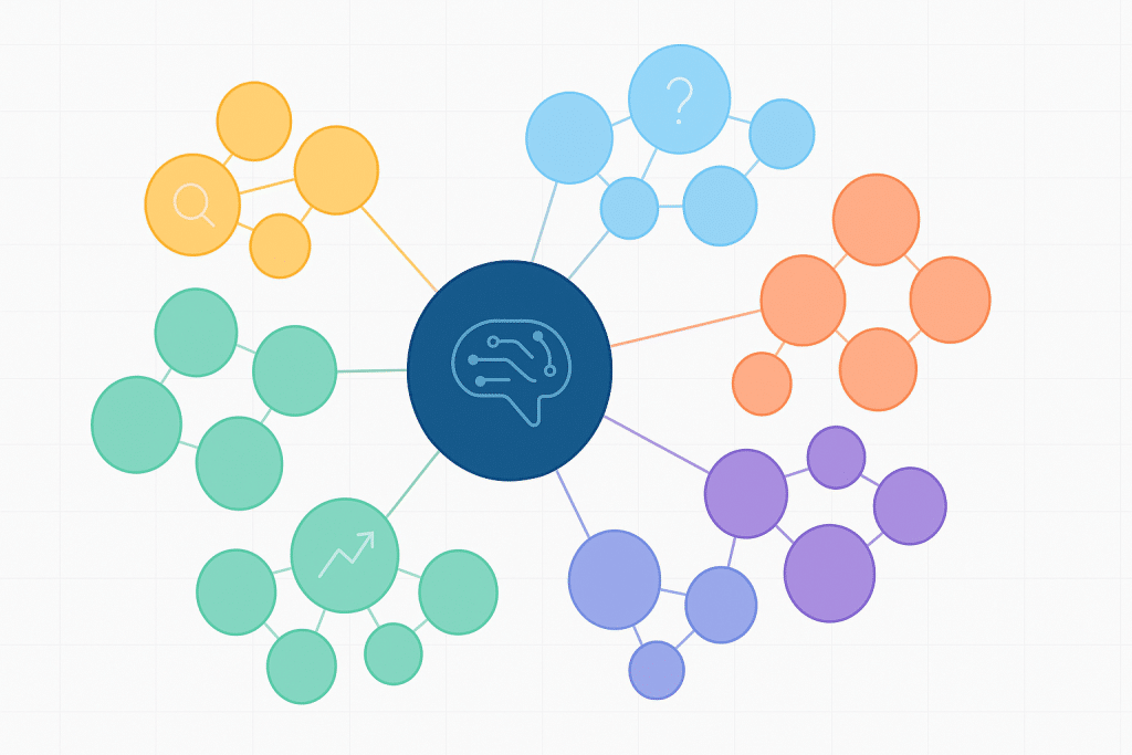 How to Use AI for SEO? Complete Guide 2025 4 Keyword cluster visualization highlighting head terms, long-tails, and questions - How to use AI for SEO - aihika.com
