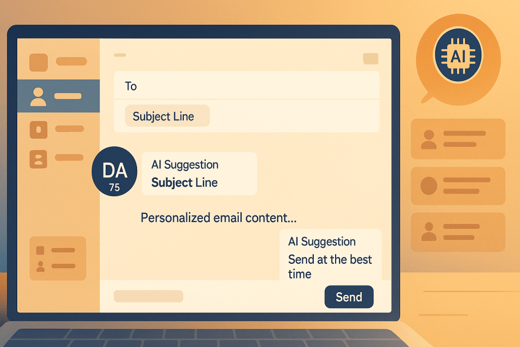 How to Use AI for SEO? Complete Guide 2025 5 Email outreach scene with AI suggestions for personalized link building