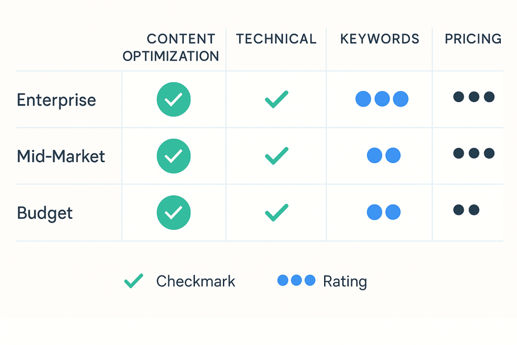 How to Use AI for SEO? Complete Guide 2025 6 Comparison matrix summarizing strengths of leading AI SEO tools by tier - How to use AI for SEO