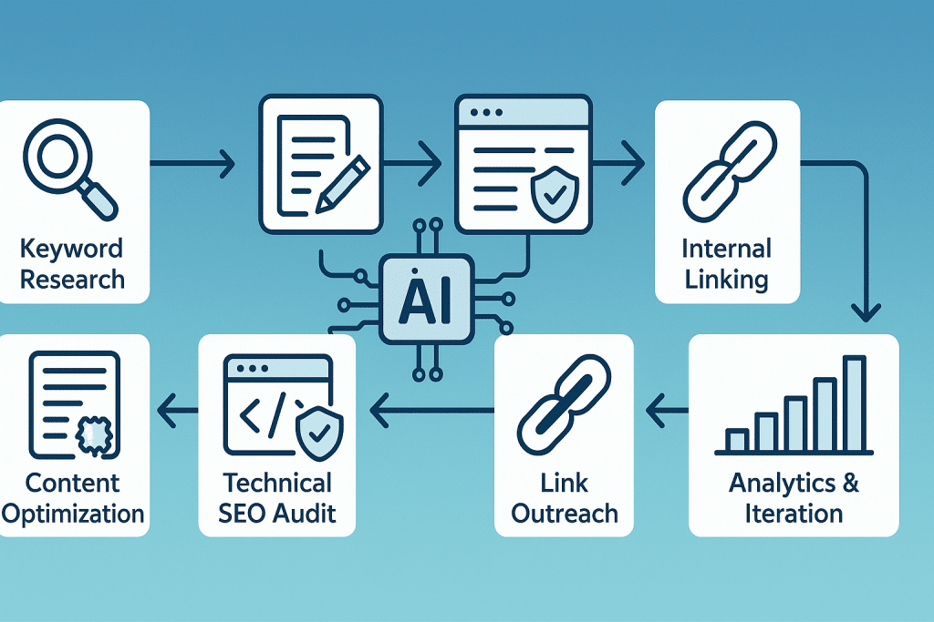 How to Use AI for SEO? Complete Guide 2025 2 Infographic mapping the AI-assisted SEO workflow from research to analytics - How to use AI for SEO