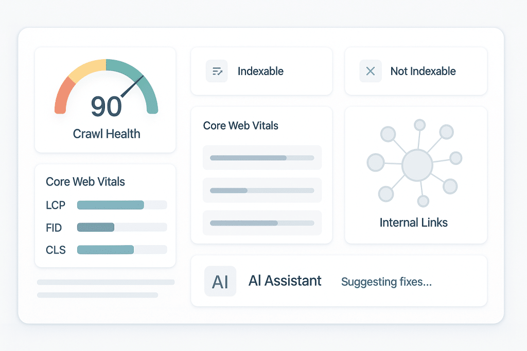 How to Use AI for SEO? Complete Guide 2025 3 Technical SEO dashboard mockup showing crawl health, indexability, and AI-suggested fixes. How to use AI for SEO - aihika.com