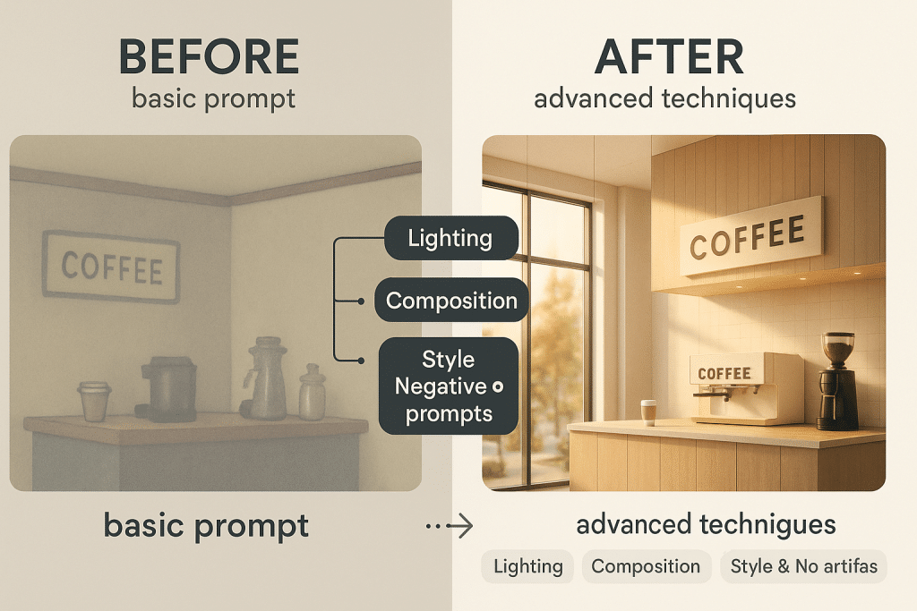 Before-and-after comparison showing the same basic prompt with and without advanced techniques applied