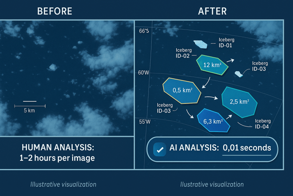 Climate change - before/after comparison showing AI analysis of Antarctic icebergs - aihika.com