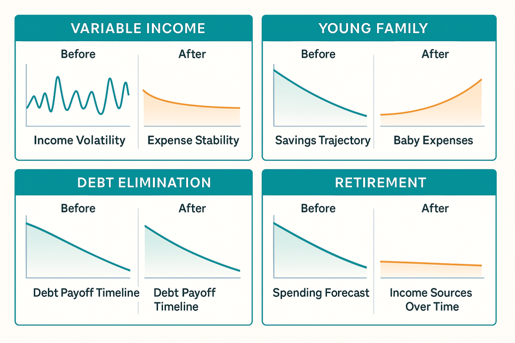 four panel case study visualization showing before/after financial metrics for each use case