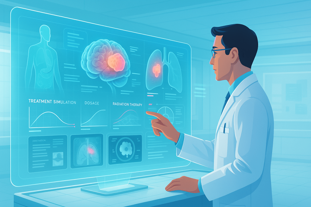 holographic patient data visualization with a doctor interacting with 3D tumor models and treatment simulations