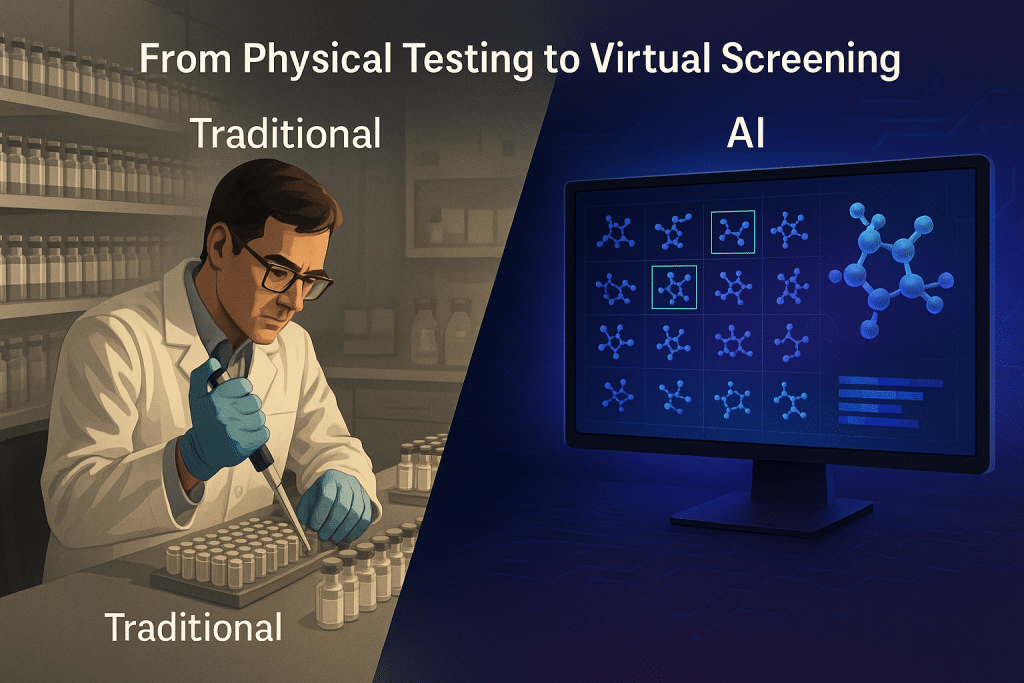 scientist manually testing molecules vs computer screen with molecular structures being generated - AI Drug Discovery - aihika.com