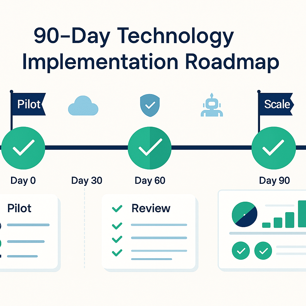 90-day action plan timeline for implementing technology trends with pilot, review, and scale phases