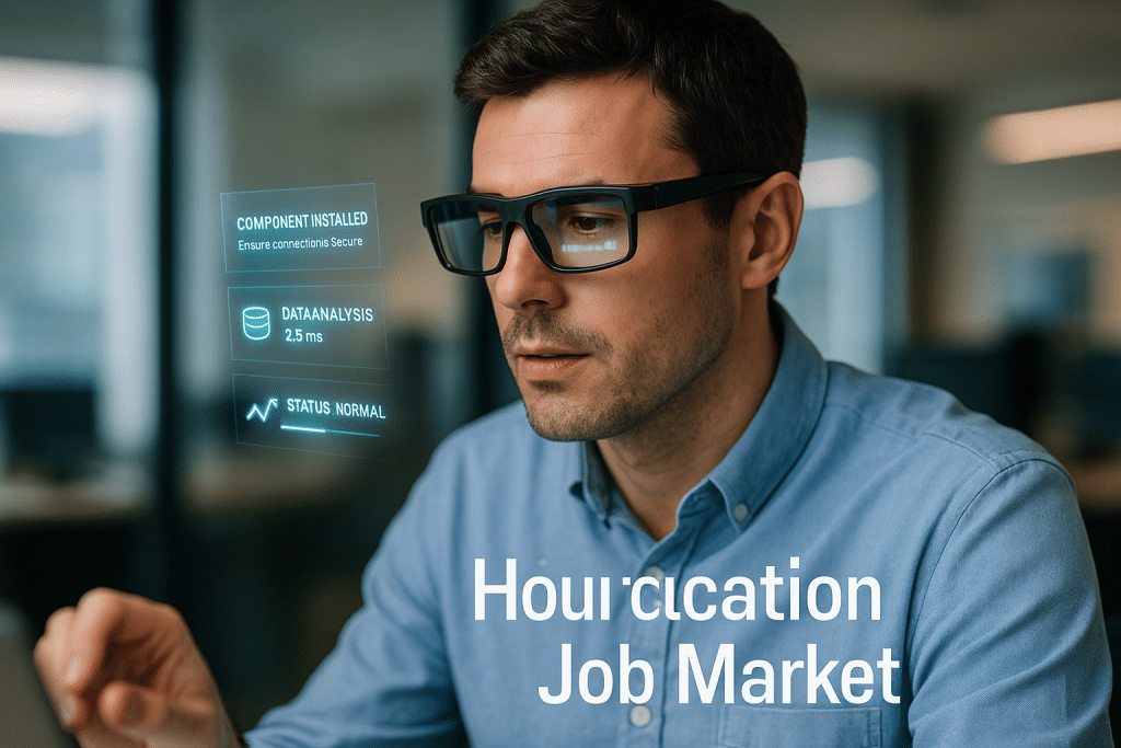 AR smart glasses providing hands-free real-time information, translations, and guidance overlays for workplace productivity. technology Trends 2026 - aihika.com