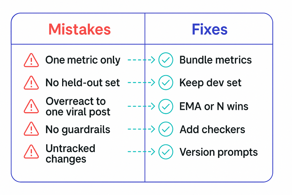 Common meta-learning pitfalls mapped to fixes: bundle metrics, dev set, EMA, guardrails, versioning - aihika.com