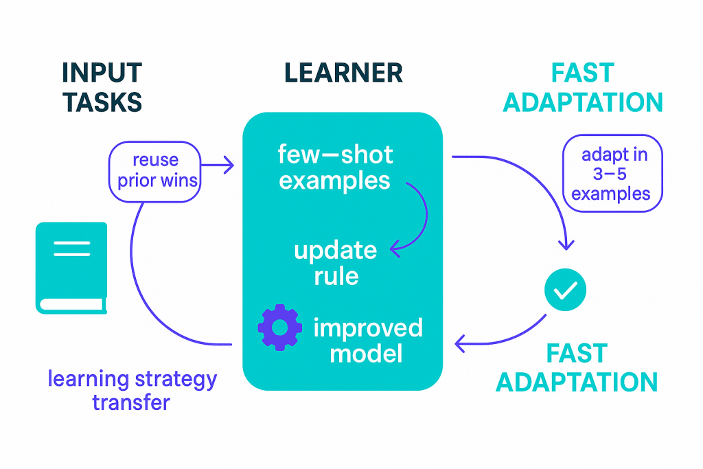 Concept diagram explaining meta-learning: few-shot examples update a learner that adapts quickly to new tasks - aihika.com
