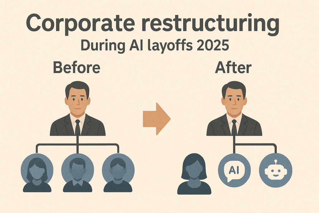 Corporate restructuring diagram showing how companies reshape management during AI layoffs 2025