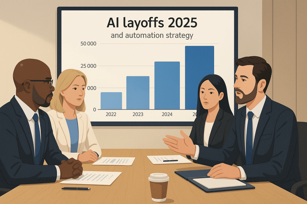 Executive team discussing AI layoffs 2025 and automation strategy in the boardroom