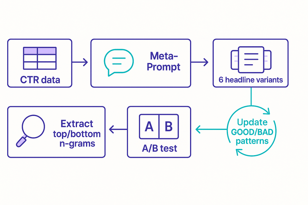 Headline meta-prompt loop: data → patterns → prompt → variants → A/B test → update patterns - aihika.com