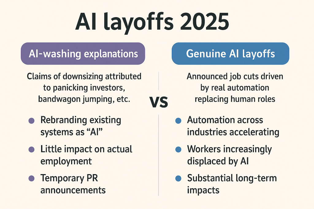 Infographic contrasting AI-washing explanations with genuine AI layoffs 2025 driven by real automation