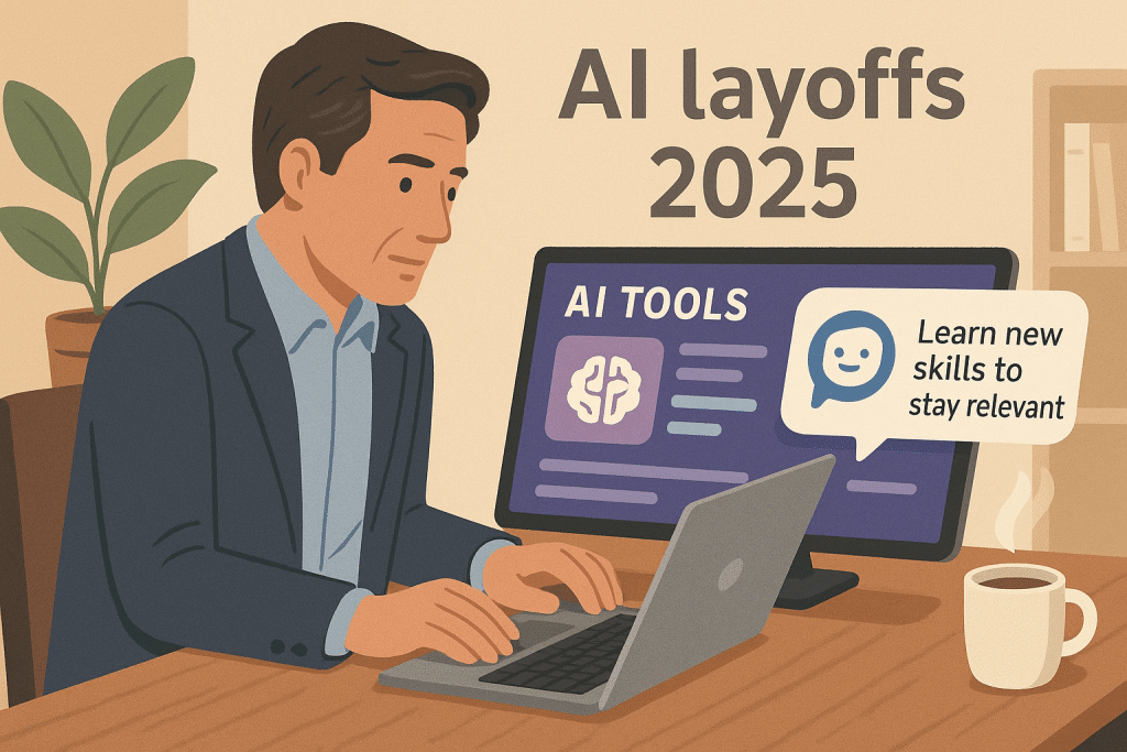 Knowledge worker using AI tools to stay relevant during AI layoffs 2025