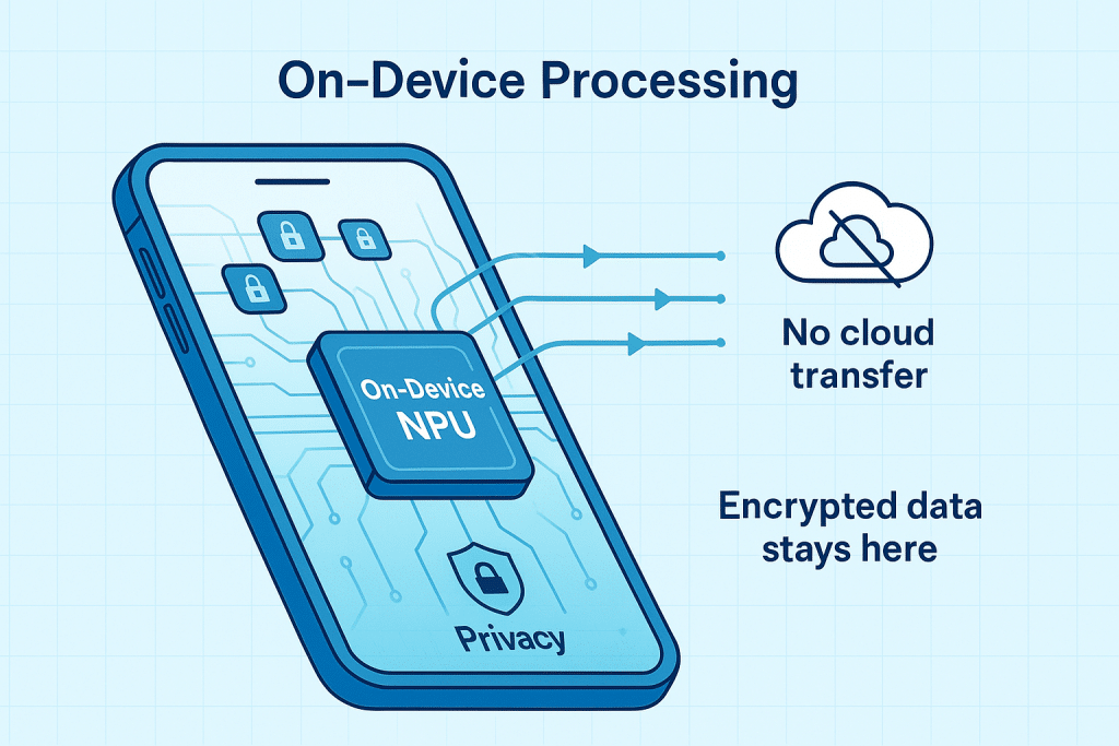 Privacy-first AI with on-device processing showing neural chip running AI models locally without cloud connection - Technology trends 2026 - aihika.com