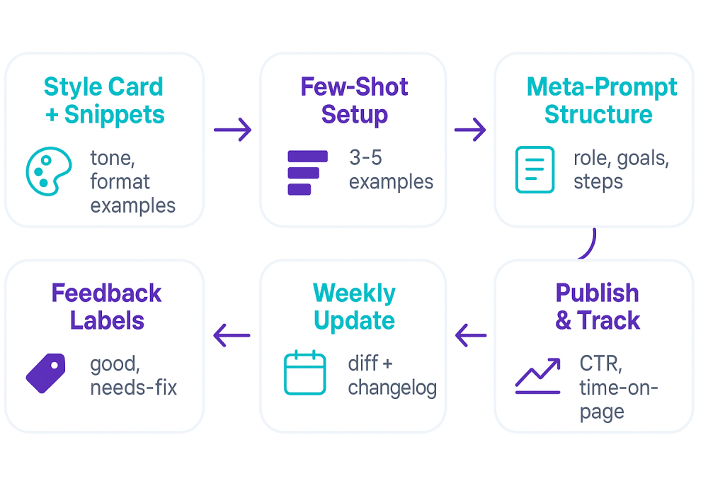 Six-step meta-learning content workflow from style snippets to publish and track
