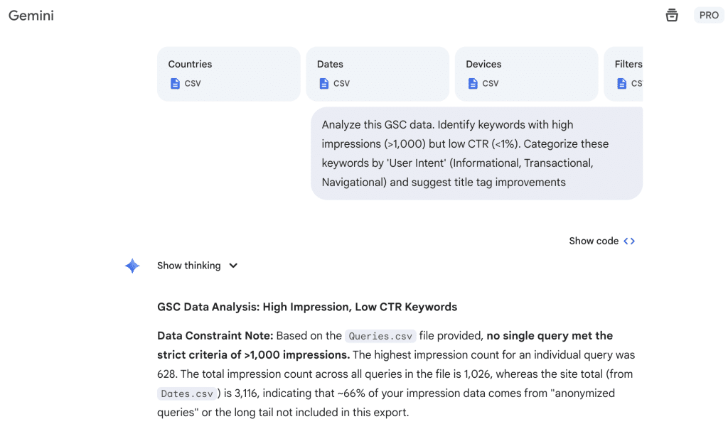 Gemini 3 Review (2025): Is It Finally Better Than GPT-5 for Coding & SEO? 2 The table generated by Gemini 3 showing columns for Query, Impressions, CTR, and Suggested Action