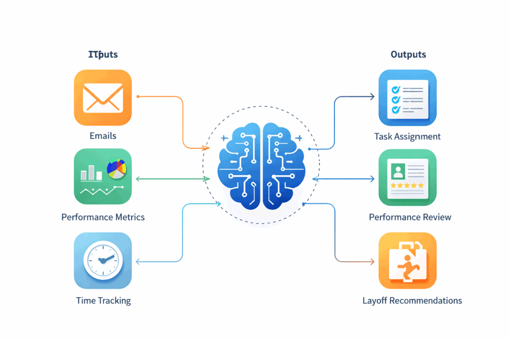 Exclusive Report: How 5 Fortune 500 Companies Are Using “AI Managers” And What It Means for 40% of White-Collar Workers 2 Flowchart of an AI Manager system processing employee data and generating decisions about workload, promotion, and layoffs.