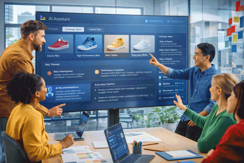 Exclusive Report: How 5 Fortune 500 Companies Are Using “AI Managers” And What It Means for 40% of White-Collar Workers 7 Marketing team collaborating with an AI assistant dashboard on a product launch