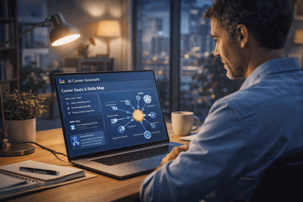 Exclusive Report: How 5 Fortune 500 Companies Are Using “AI Managers” And What It Means for 40% of White-Collar Workers 9 Professional using an AI assistant on a laptop to plan their career development.