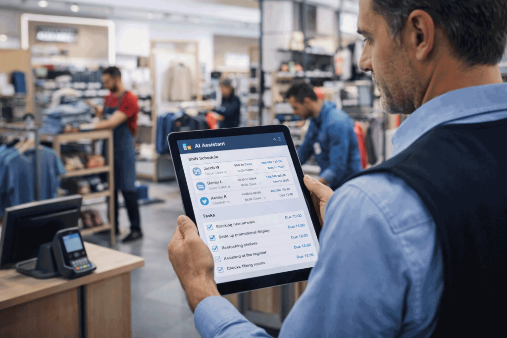 Exclusive Report: How 5 Fortune 500 Companies Are Using “AI Managers” And What It Means for 40% of White-Collar Workers 5 Retail store manager viewing an AI scheduling dashboard to assign shifts and tasks
