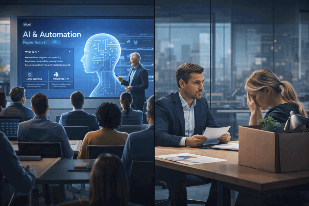 Exclusive Report: How 5 Fortune 500 Companies Are Using “AI Managers” And What It Means for 40% of White-Collar Workers 8 split-screen showing workers in a training session on one side and a layoff meeting on the other
